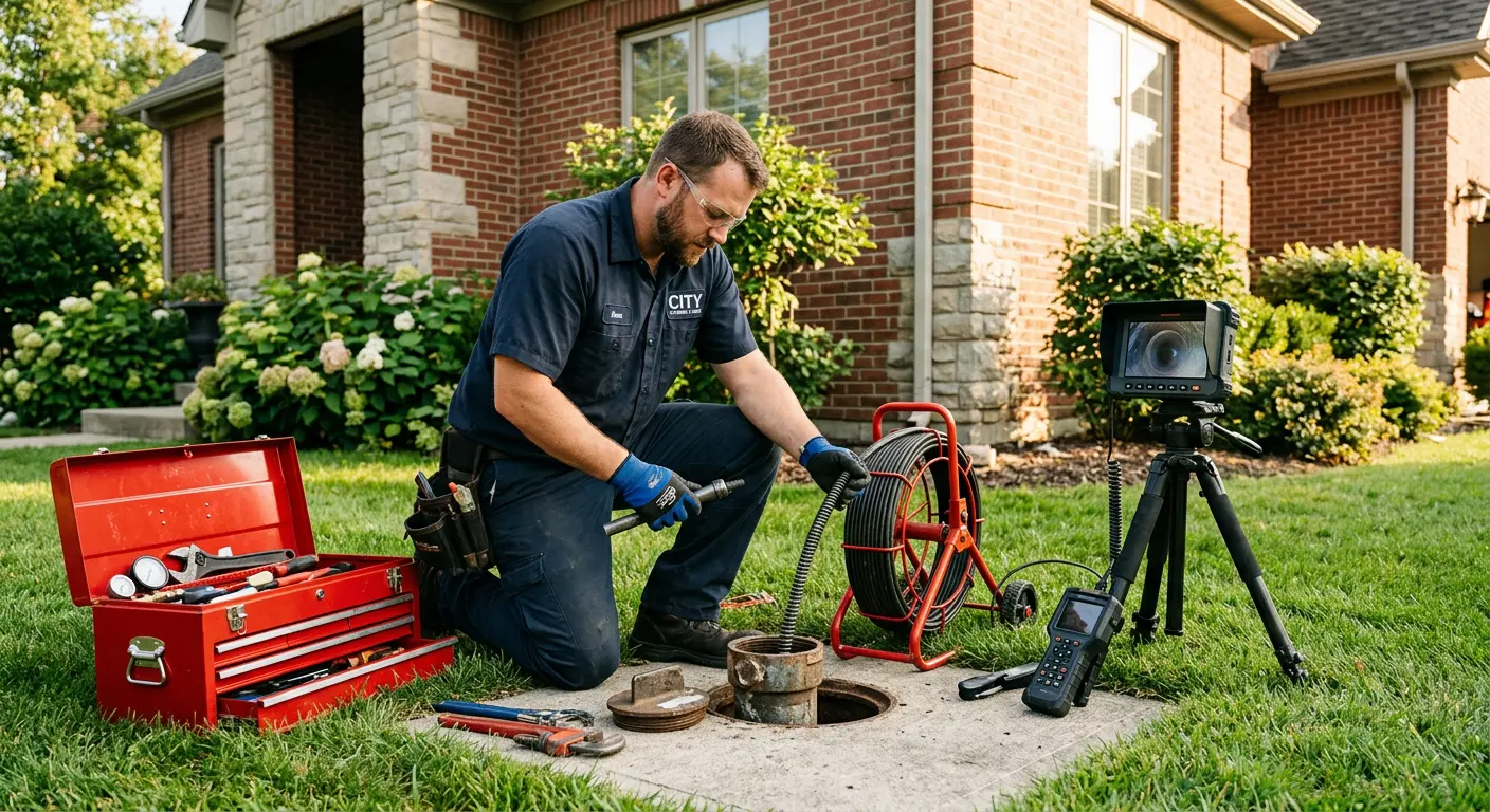 Sewer specialist with camera equipment servicing a cleanout in Earl