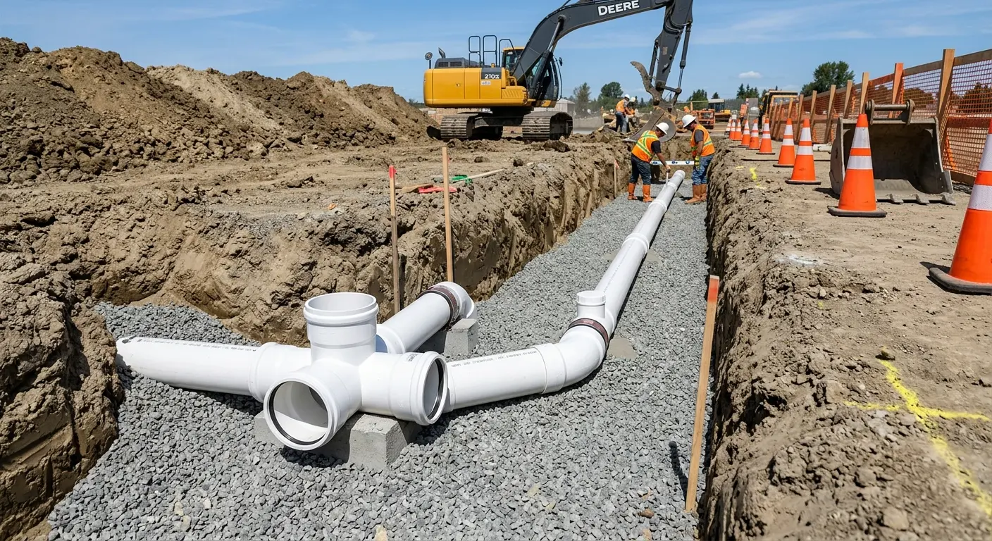 New PVC sewer pipe installation in open trench for Sewer Backup in Earl