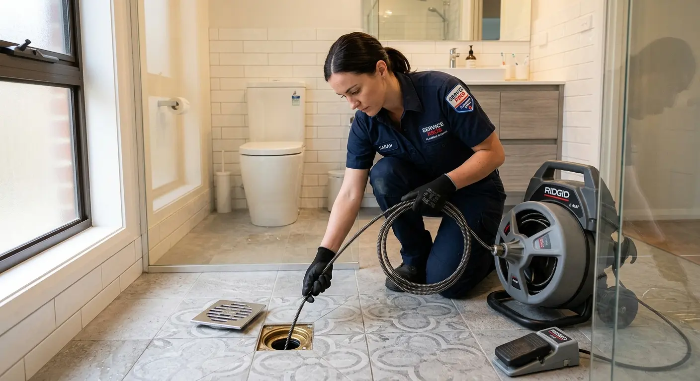 Technician clearing a bathroom floor drain for Clogged Drain Repair in Earl